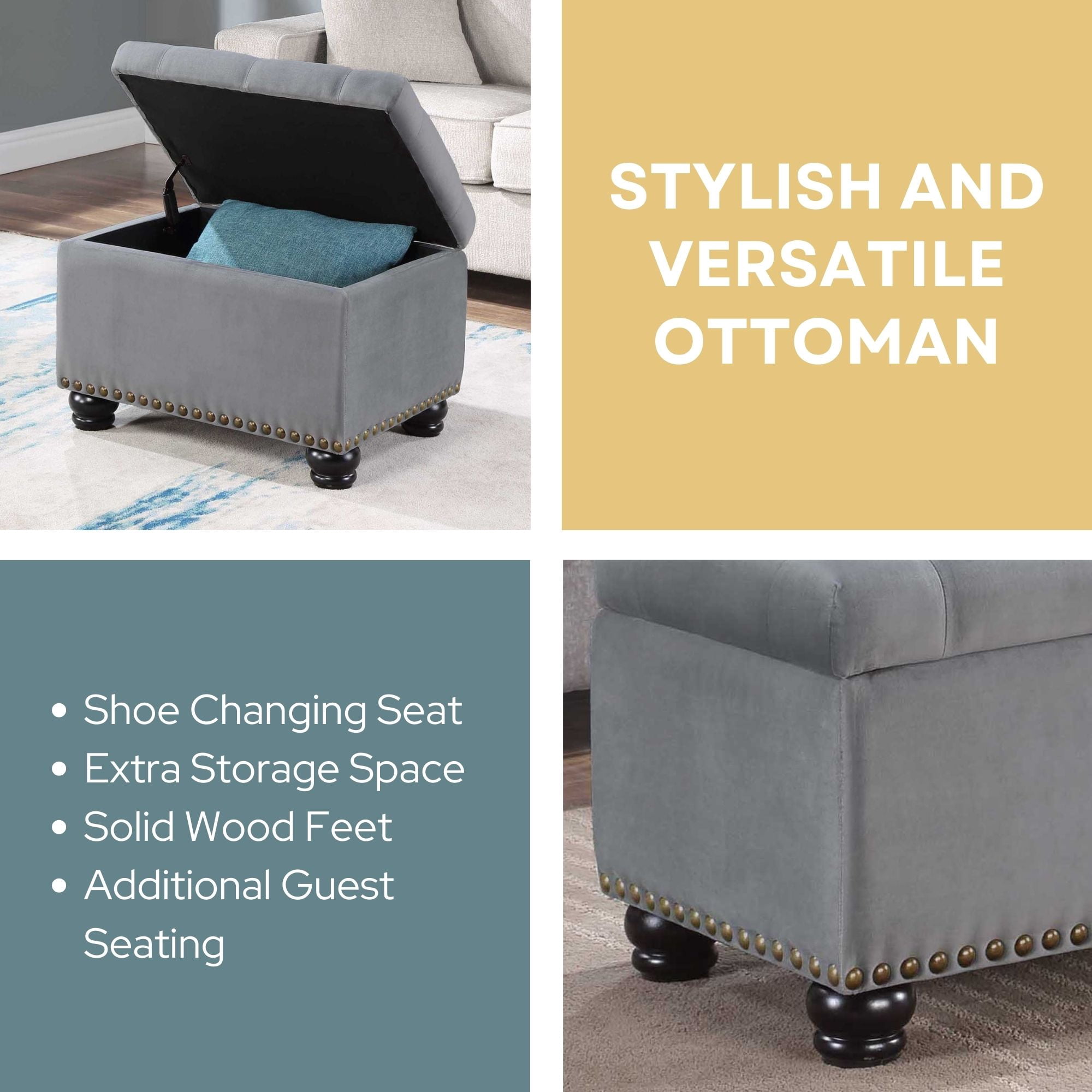 Convenience Concepts Designs4Comfort 5th Avenue Storage Ottoman, Gray Velvet