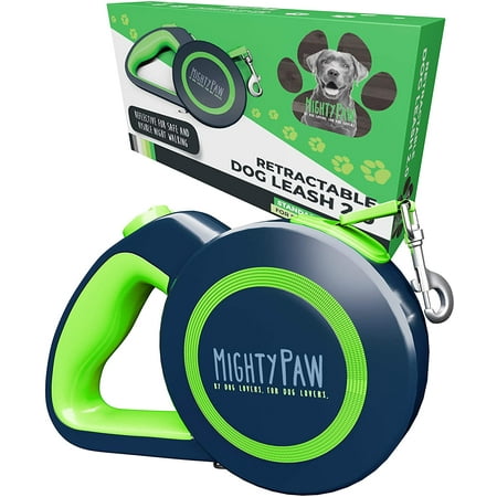 UPC: 0850024861046 | Mighty paw retractable dog leash durable 10 pieces strength stainless steel internal coil reflective stitching 1 touch lock no slip grip