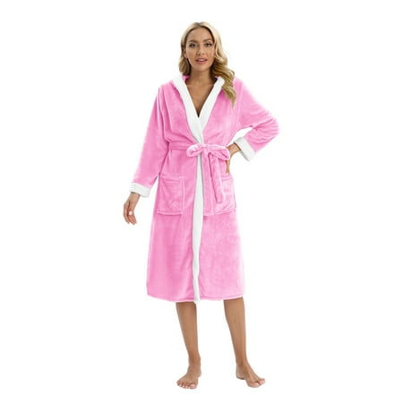 

WBQ Women s Fleece Hooded Robe Warm Plush Long Bathrobe for Women Soft Fuzzy Winter Nightgown For Home and Spa Pink Tag M/US 8