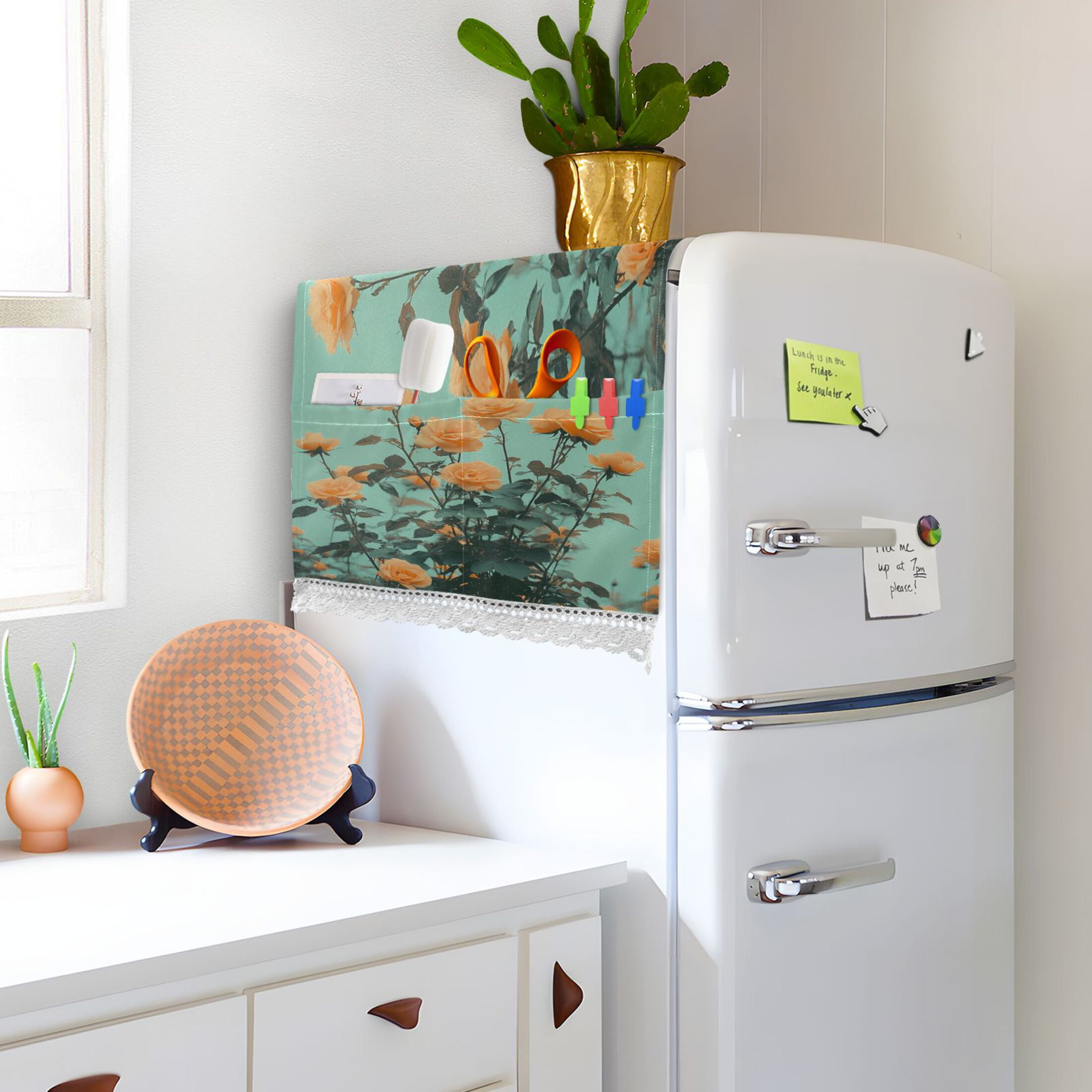 Orange RosesWasher and Dryer Covers Dust-Proof and Oil Resistant Fridge Cover with 4 Storage Pockets Washing Machine Top Cover for Laundry Kitchen Home 51.2 x 22 In