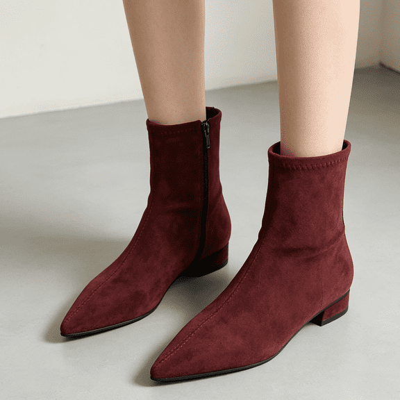 Domuza Women Square Toe Low Chunky Heel Ankle Booties Fashion Side Zipper Flat Short fall Winter Boot Daily Office Party Formal Shoes Wine 6.5(EU-37)