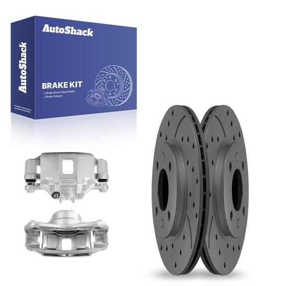 AutoShack Front Drilled & Slotted Brake Rotors Calipers | Replacement for 2006-2011 Hyundai Accent 2006-2011 Kia Rio5 1.6L FWD | Black Coated | 4-PC Brake Kit | BlackShield