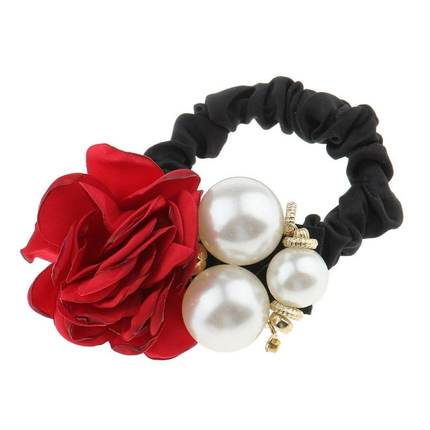 Banda de goma elástica Jinwen Perlas Rosa Flor Cuerda para el cabello Vino rojo