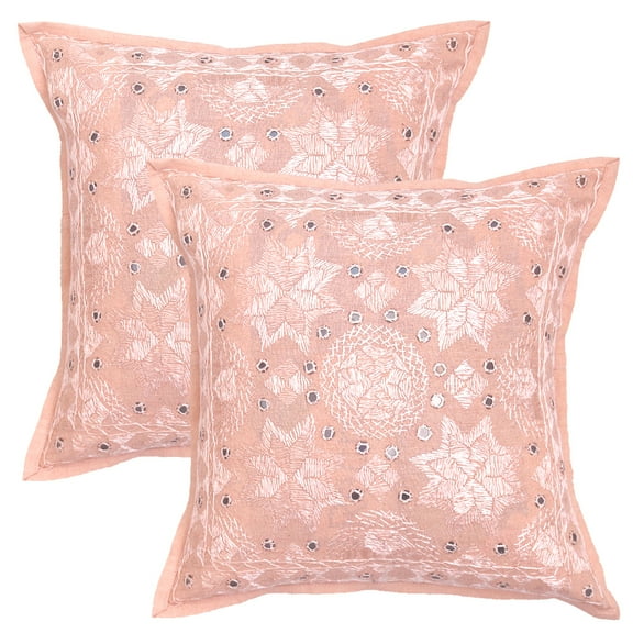 Stylo Culture Ethnic Decorative Throw Pillow Covers 16x16 Embroidered Peach Bohemian 40x40 cm Home Decor Accent Pillowcase Cotton Mirrored Square Cushion Covers | Set Of 2