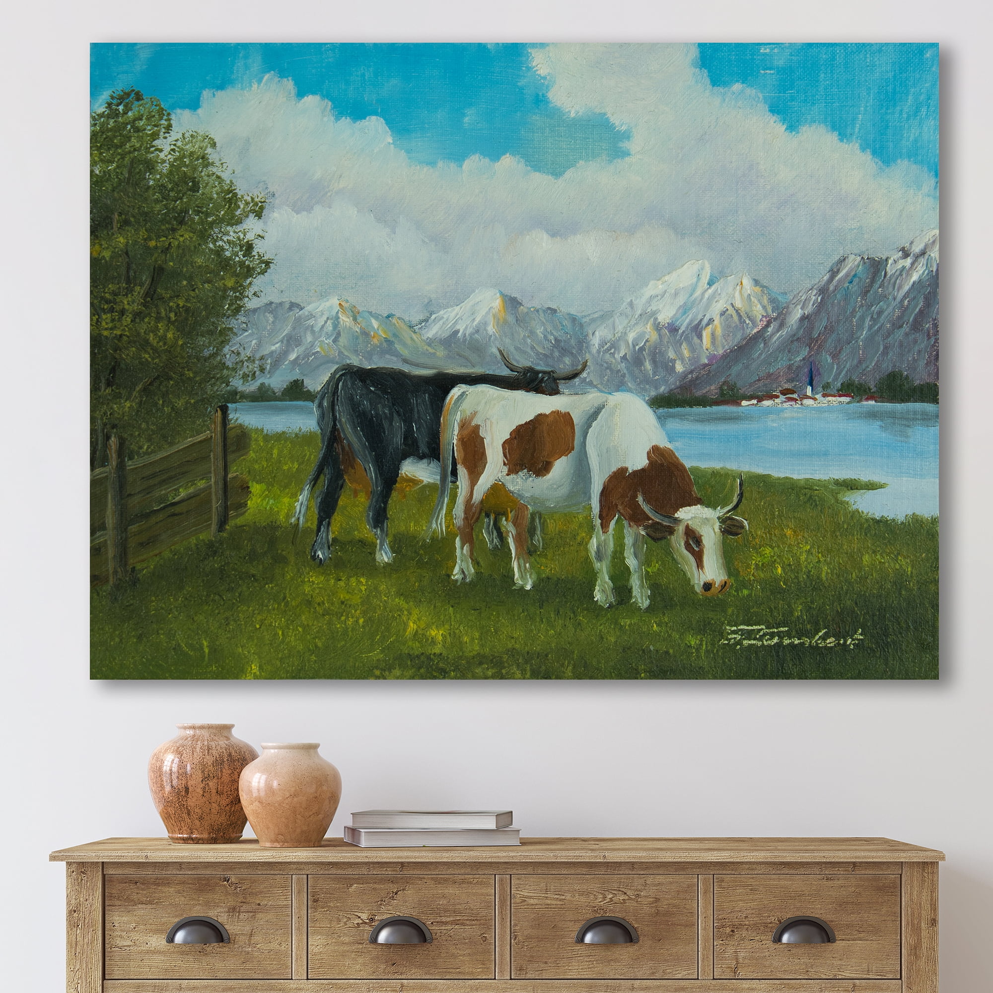 Designart ' Cows Eating Grass In Front Of A Lake ' Farmhouse Canvas Wall Art Print