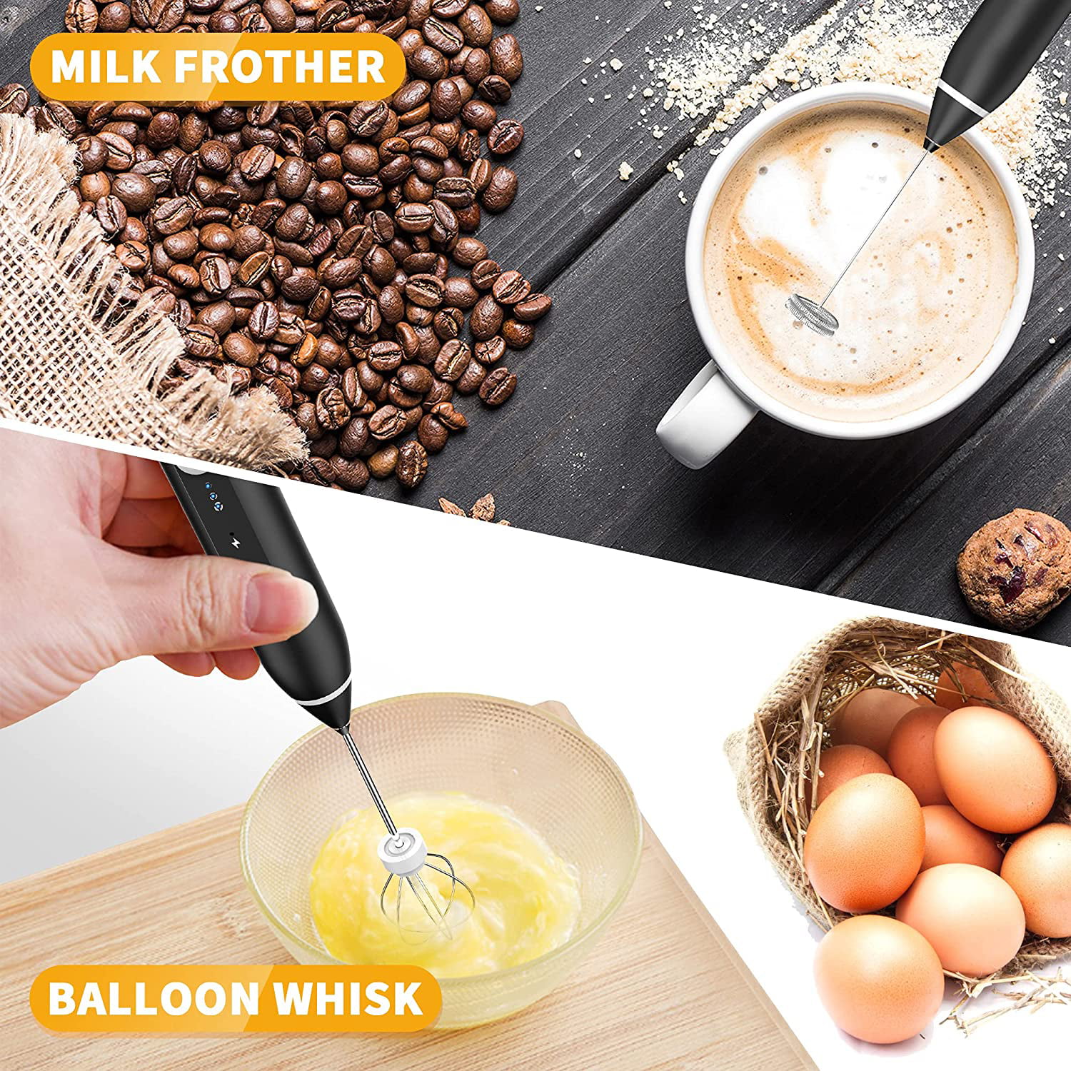 yucanucax 5-Speed Milk Frother Handheld Foam Maker USB Rechargeable Coffee Frother with 3 Whisks Adjustable Mini Blender for Cappuccino, Latte, Coffee