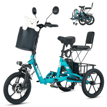 VIRIBUS 16 in. Folding Electric Trike with Dual Seats 350W Motor 48V 10.4Ah Battery Teal