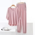 thumbnail image 2 of WTOBBY Women's Loose Fit V-Neck Short Sleeve T-Shirt and Casual Pants Pajama Set, Solid Color Two Piece Summer Loungewear for Home,Pink L, 2 of 4