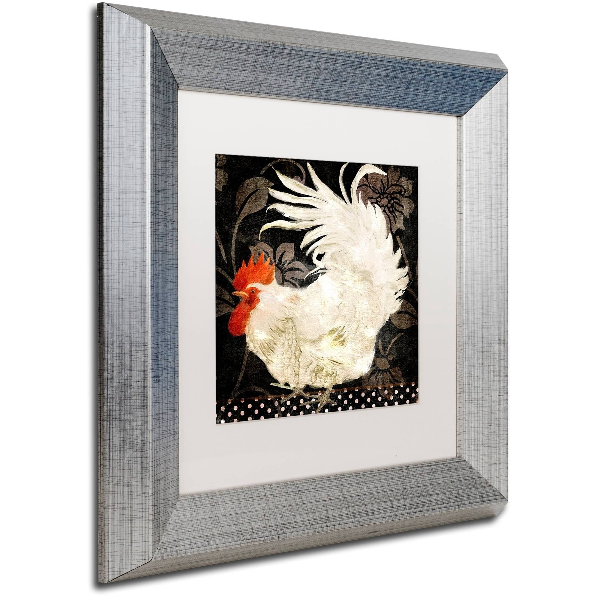 Trademark Fine Art "Rooster Damask I" Canvas Art by Color Bakery White Matte, Silver Frame