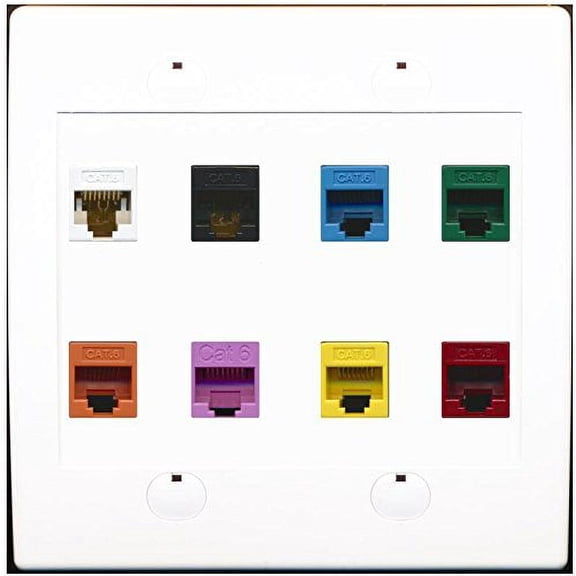 RiteAV 8 Cat6 Ethernet Jacks Mixed Colors Wall Plate White