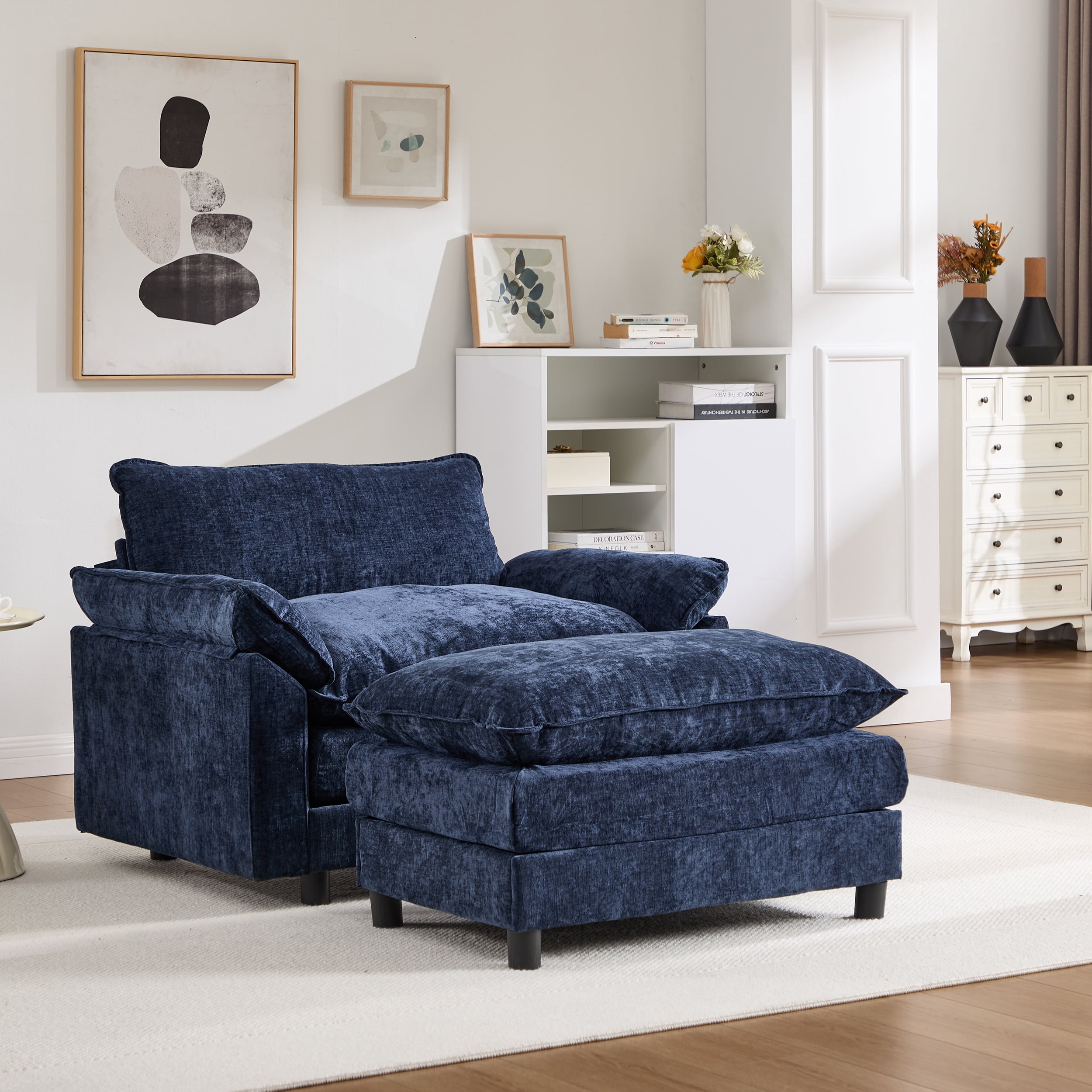 44.5" Accent Chair with Ottoman Club Chair Chenille Upholstered Armchair