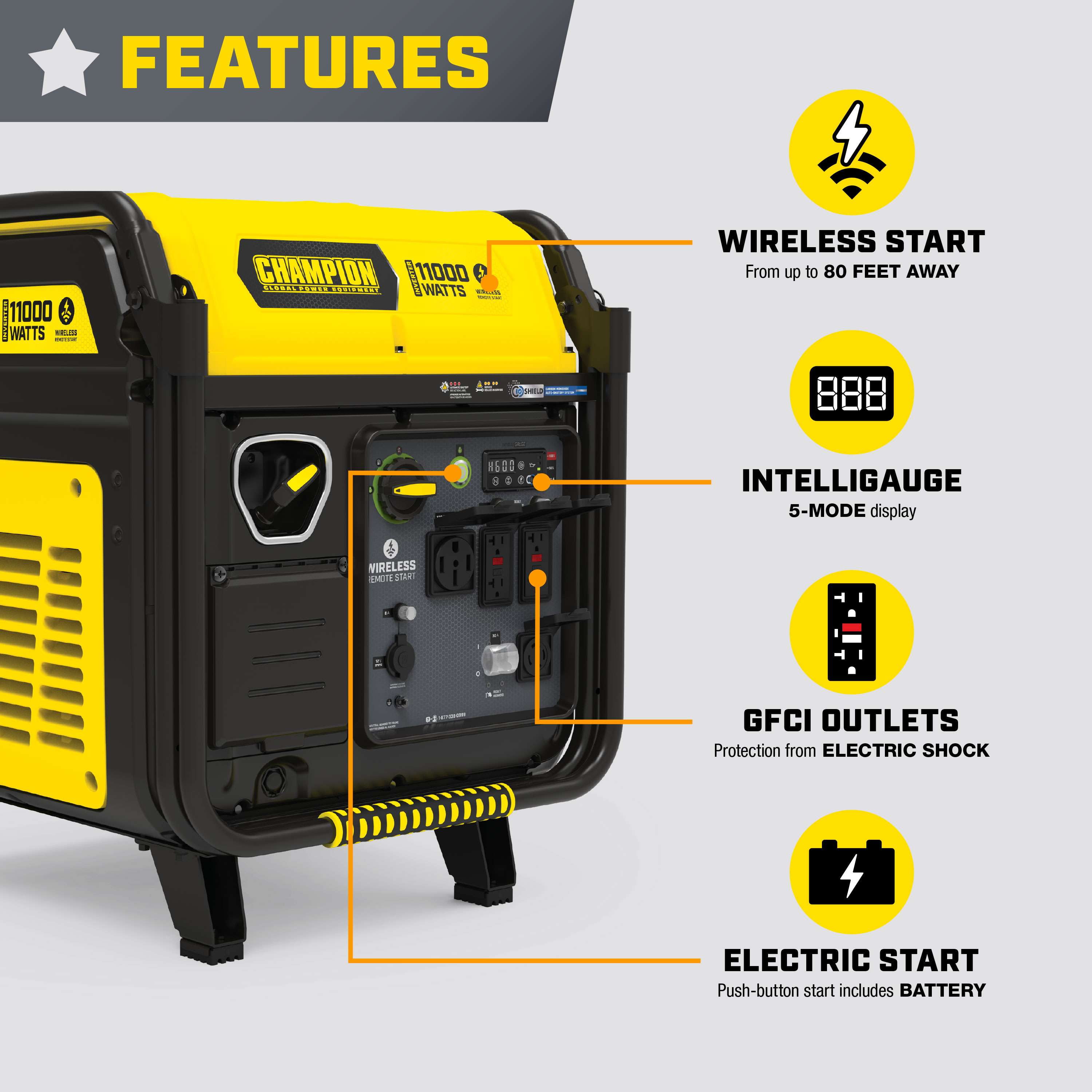 Champion 11,000-Watt Wireless Remote Start Home Backup Portable Inverter Generator with Quiet Technology and CO Shield®