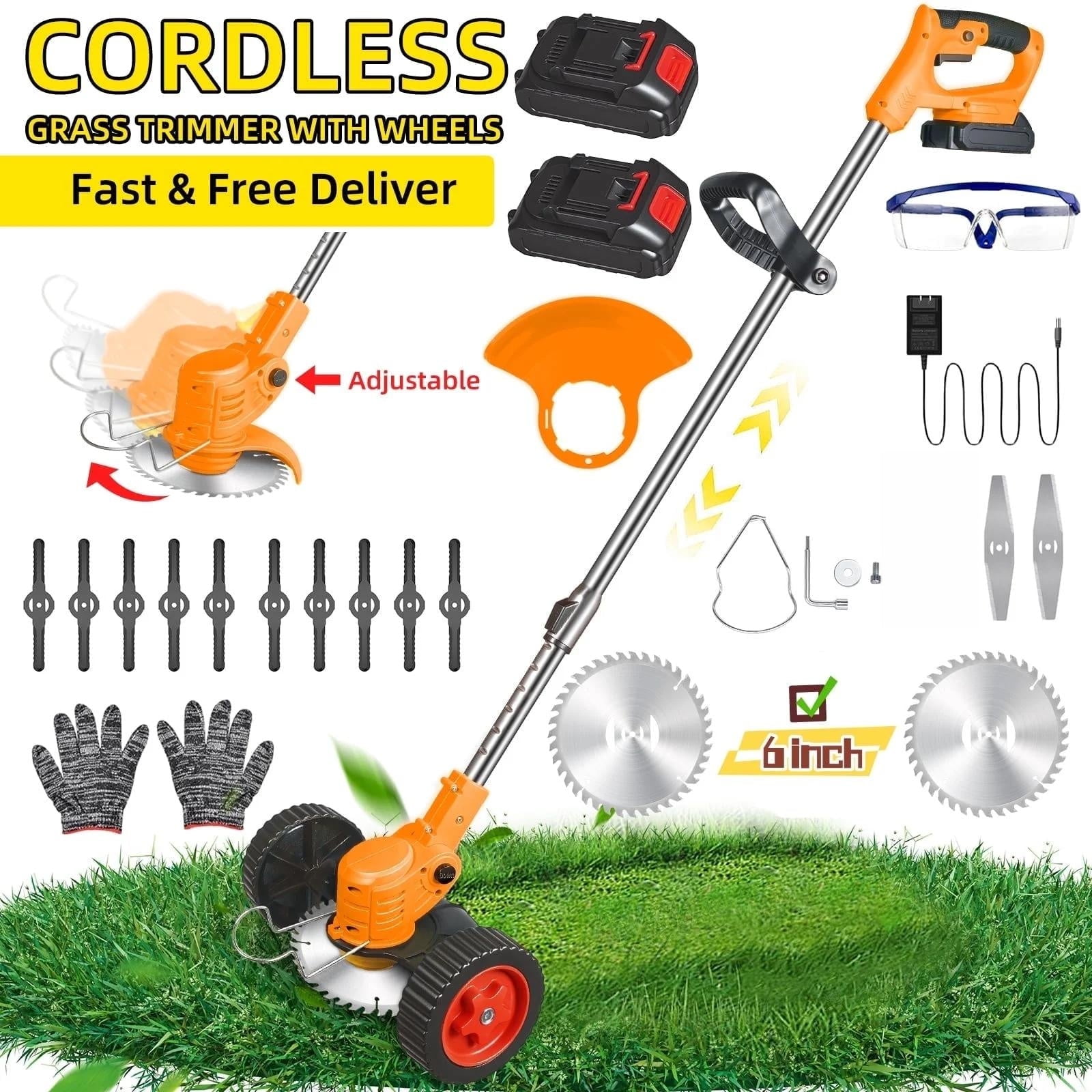 Paddsun Electric Weed Wacker Battery Powered,Cordless String Trimmer Edger with Wheels 3 Function Blades Cutter for Yard and Garden