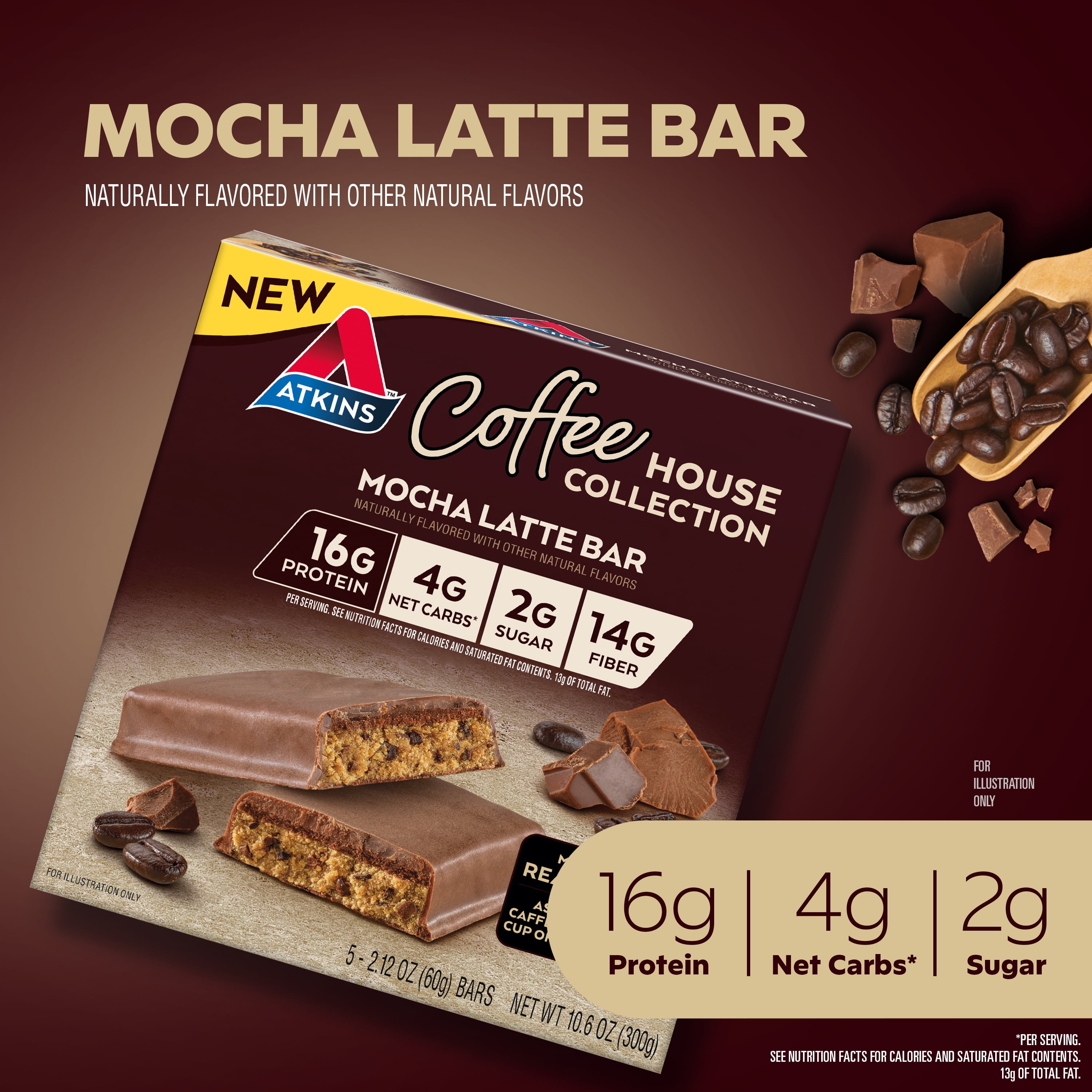 (3 pack) Atkins Coffee House Collection Protein Bar, Mocha Latte, High Protein, High Fiber, 5 Count