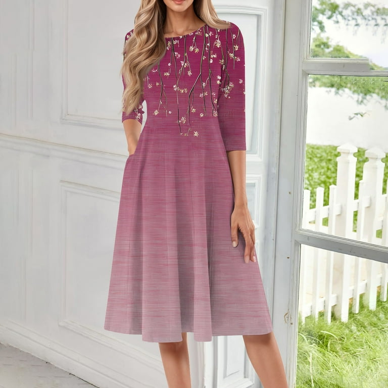 bbyeadc Summer Midi Dresses for Women 2025 Loose Casual Mid Length Dresses  Boho 3/4 Sleeve Round Neck A Line Dress Beach Floral Print Sundresses with  Side Pocket, Light pink XL - Walmart.com