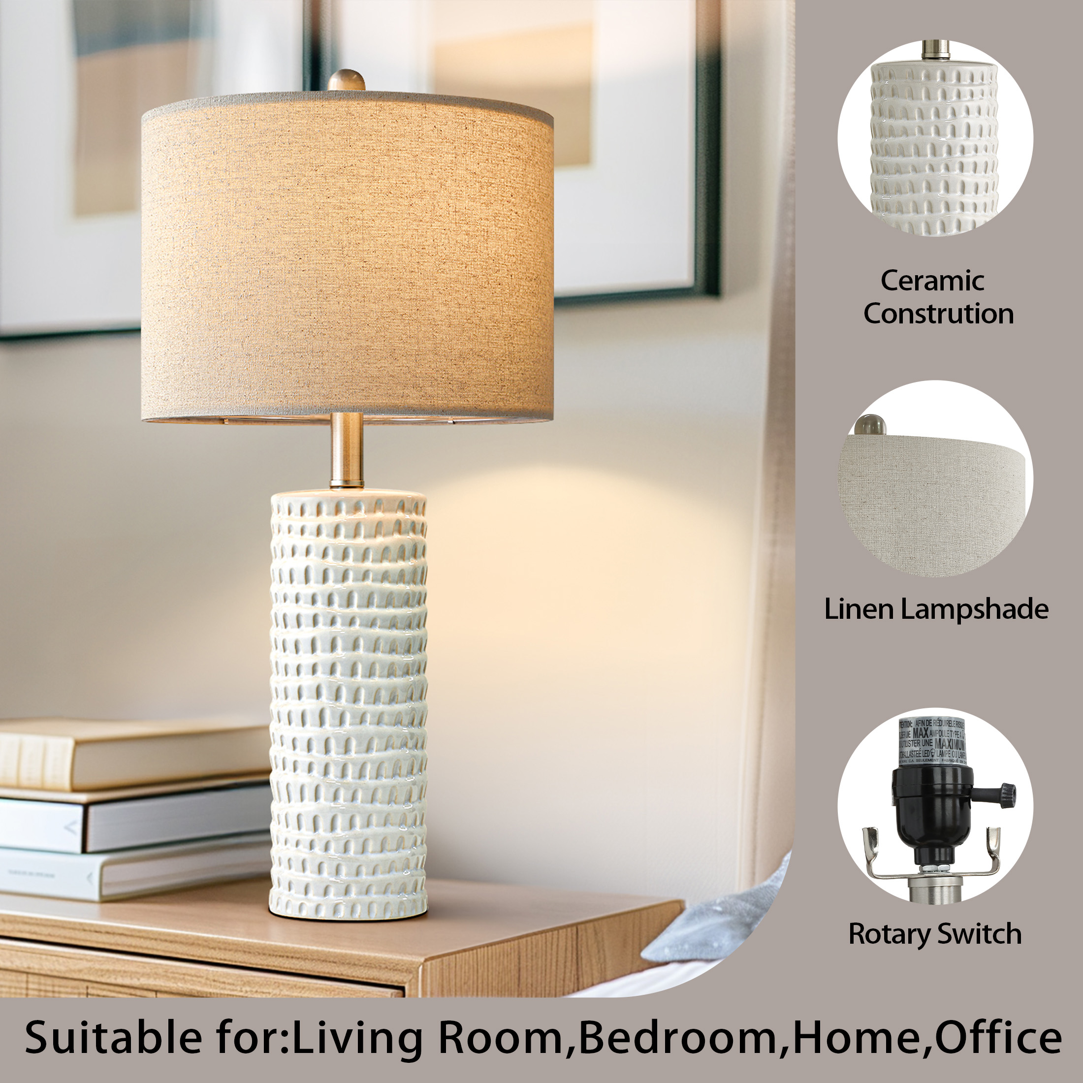 Oneach Ceramic Bedside Table Lamps Set of 2, White with Beige Shades photo 2