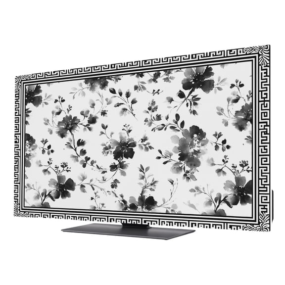 Indoor TV Cover 55 Inch, Black Floral Elastic Monitor Dust Covers for Television, Desktop Computer Retro Flowers Leaves Farmhouse Greek Key Dustproof Fitted TV Cover for Inside 47.9"L x 26.9"H