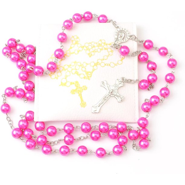 Rosario católico para mujeres con bolsa de rosario de cuero, collar de rosario de cuentas negras con bolsa de cuero blanco, cuentas de oración anglicanas regalos cristianos para mujeres regalos católi