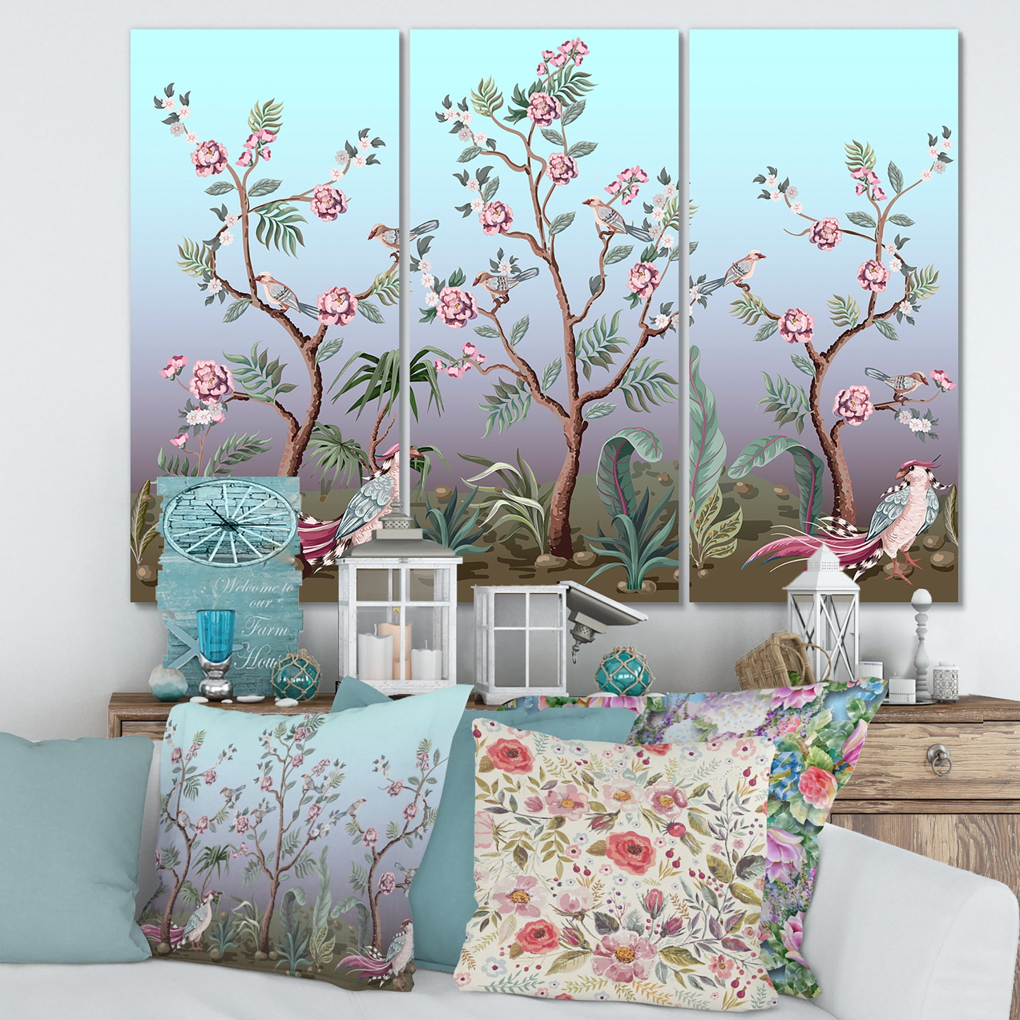 Designart ' Chinoiserie With Peonies and Birds II ' Traditional Canvas Wall Art Print