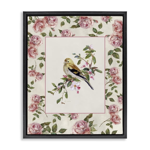 Stupell Industries Perched Bird with Dainty Roses Black Framed Floater Canvas Wall Art, design by Sally Swatland