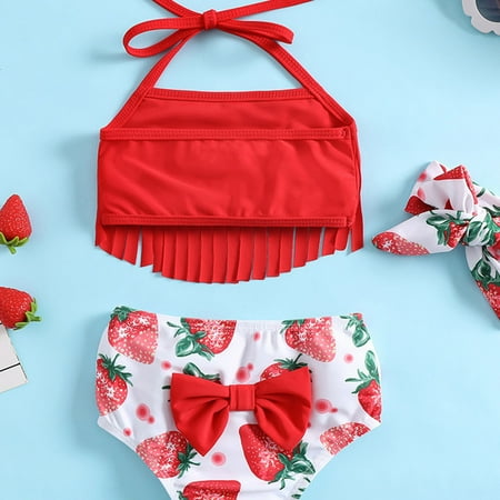 

Gubotare Summer Toddler Girls Bowknot Strawberry Prints Tassel Three Piece Swimwear Swimsuit Bikini Headband Girls Swim Suit 6 Red 18-24 Months