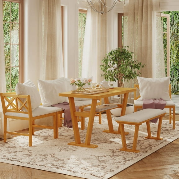 YIYADO Farmhouse Solid Wood Dining Room Corner Set, Seating 6, Space Saving High Top Corner Table with Bench and Chair, Natural   White