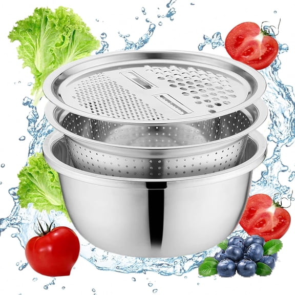 Stainless Steel Basin with Grater: 3 in 1 Multifunctional Drain Basket, Fruit Vegetable Julienne Cutter Rice Washing Bowl Colander Set Strainer for Kitchen, Food Strainer with Grater (26cm)