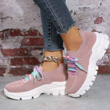 

XIAQUJ Fashion Spring and Summer Women Sports Shoes Thick Soles Non Slip Fly Woven Mesh Breathable Lace up Colorful Casual Style Women s Fashion Sneakers Pink 7(38)