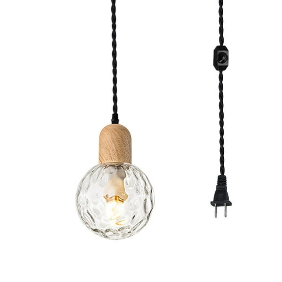 KAYYELAMP 15ft Dimmable Cord Plug-in Pendant E26 Wood Base Clear Glass Ball Retro Hanging Light for Kitchen Farmhouse(No Bulb)