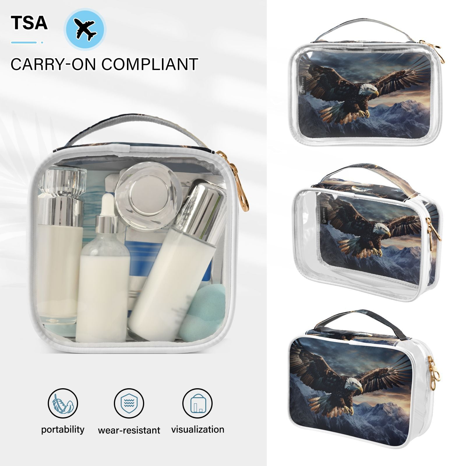 Clear Makeup Bags with Handle Large Opening 2 Pack Set Toiletry Bag Quart Size Bag, for Women Man Traveling Travel Essentials, Toiletries and Other. Eagle Hawk