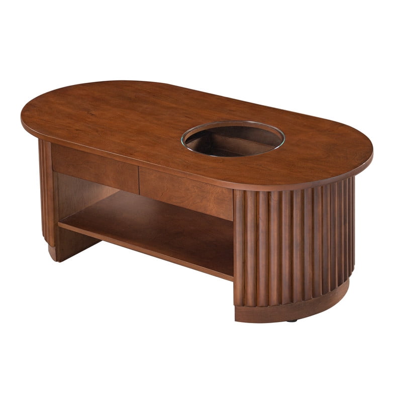 Mid-Century Modern Oval Coffee Table with Drawers & Tempered Glass Inset Top, 2-Tier Fluted Center End Table with Open Shelf