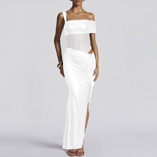 TaTaai Ladies One Shoulder Sleeveless Solid Color Maxi Dress Ruched Detail Mesh Panel Slim Fit Elegant Formal Wedding Party Wear Gift