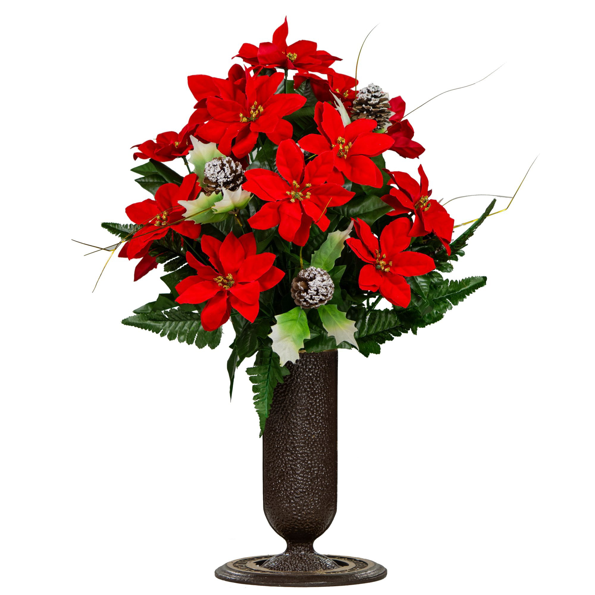 Faux Silk Artificial Christmas Arrangement. Red Poinsettia, Glittered  Purple Roses, Red Peonies, Pine Branches in A Green Metal Vase. 