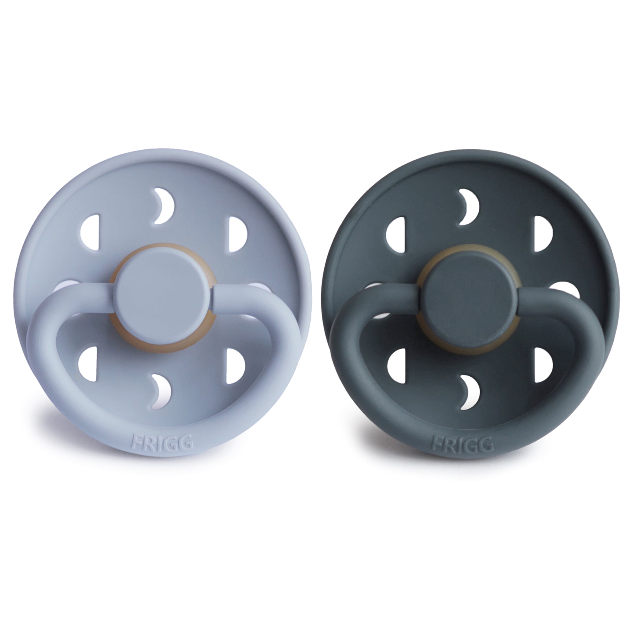 FRIGG Moon Natural Rubber Baby Pacifier 2-Pack, 6-18 Months, Powder Blue/Slate