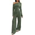 thumbnail image 2 of Women's 2 Piece Outfits Fall Sweatsuits Off The Shoulder Crop Top Wide Leg Sweatpants Casual Matching Lounge Sets ,Army Green XL, 2 of 5