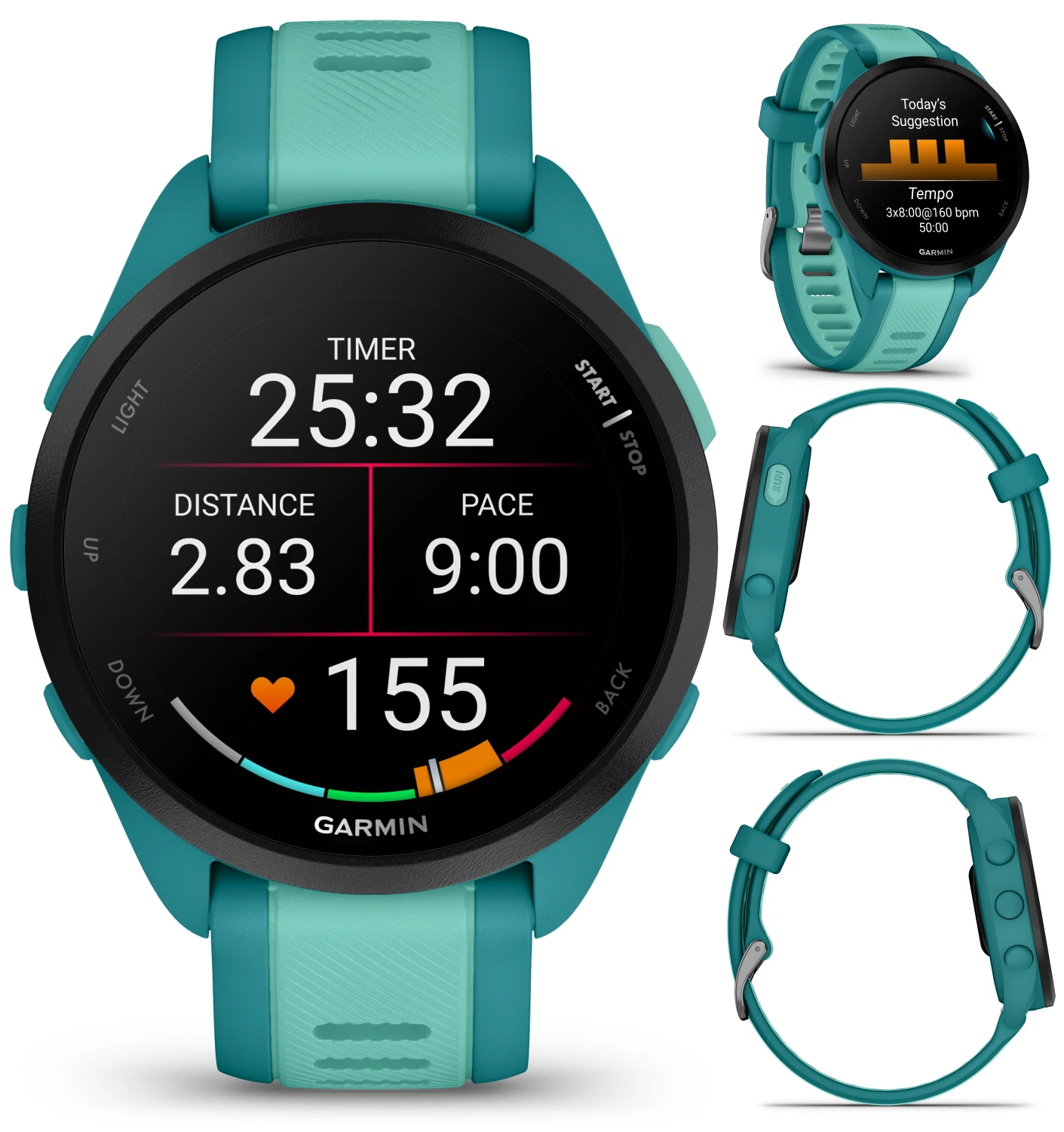 Garmin Forerunner 165 Music Running Smartwatch, Colorful AMOLED Touchscreen, Turquoise/Aqua w/ Wearable4U PowerPack and Adapters Bundle