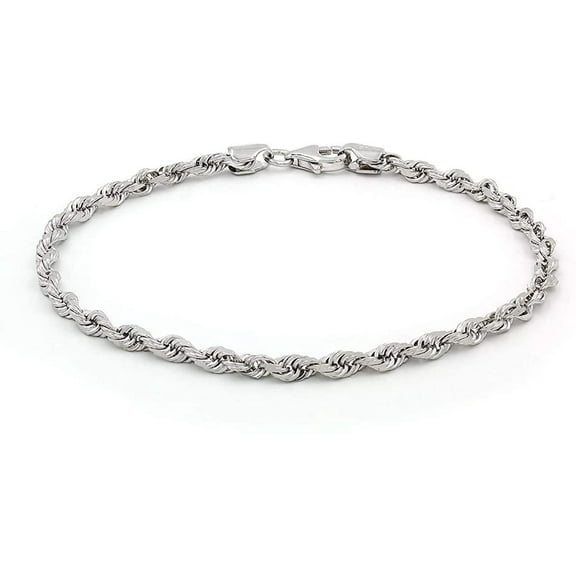 14K White Gold 3mm Solid Rope Diamond Cut Bracelet, FREE Microfiber Cloth, Link Chain 7" - 10", Giorgio Bergamo 7