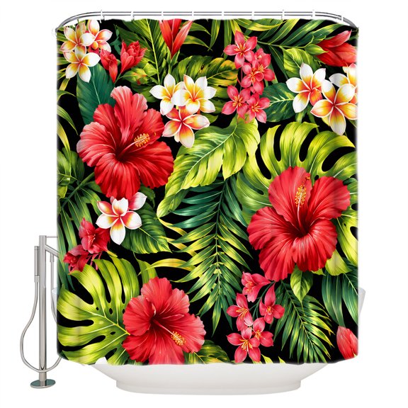 Summer Tropical Bathroom Shower Curtains with 12 Hooks Polyester Waterproof Shower Curtain for Stalls and Bathtubs Bohemia Flowers Monstera Leaves Watercolor Decorative Bathroom Curtain 72x72 Inches