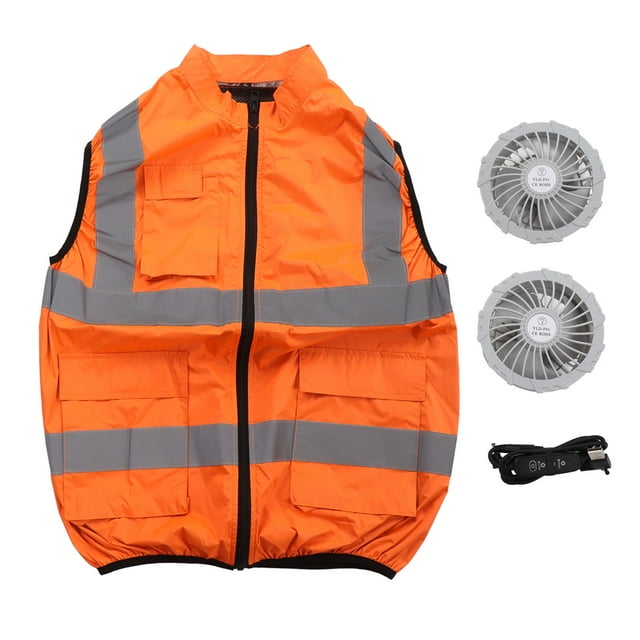 Chaleco de verano con ventilador, chaleco con aire acondicionado, banda reflectante, recargable, ropa de trabajo, 5 V, fluorescente, naranja, XXXL