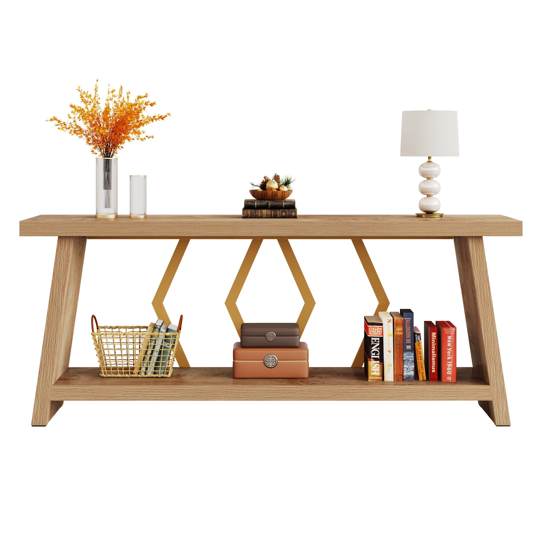 Fnova 70.86" Farmhouse Console Table for Entryway, 2-Tier Storage Long Narrow Wood Entryway Sofa Table, Easy Assembly, for Living Room Staircase Hallway Decor