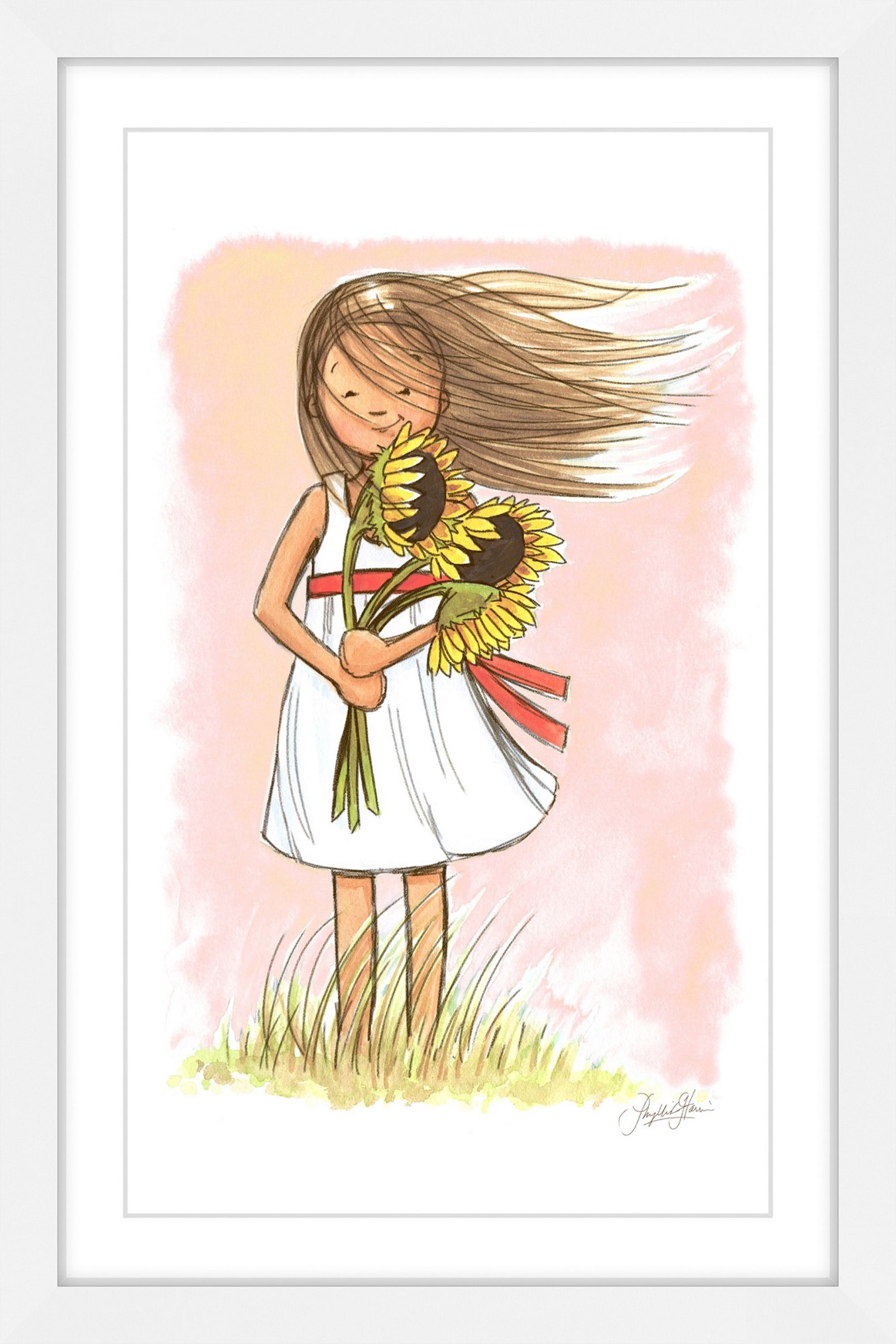 "Sunflower Girl" Framed Painting Art Print, 12" x 1.5"