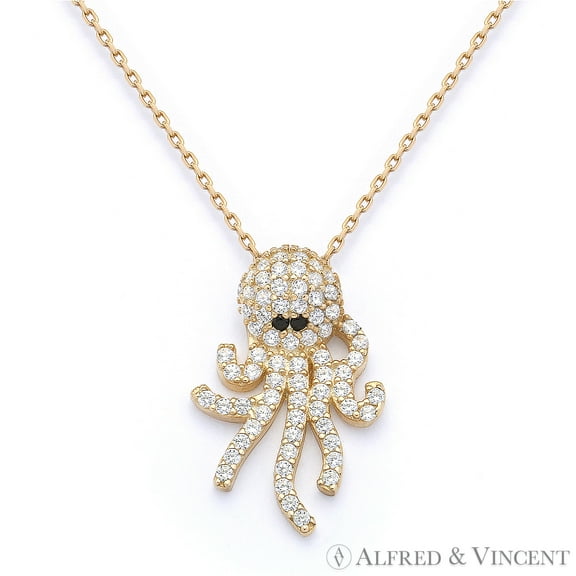 Octopus Charm CZ Crystal Pendant & Chain Necklace in .925 Sterling Silver