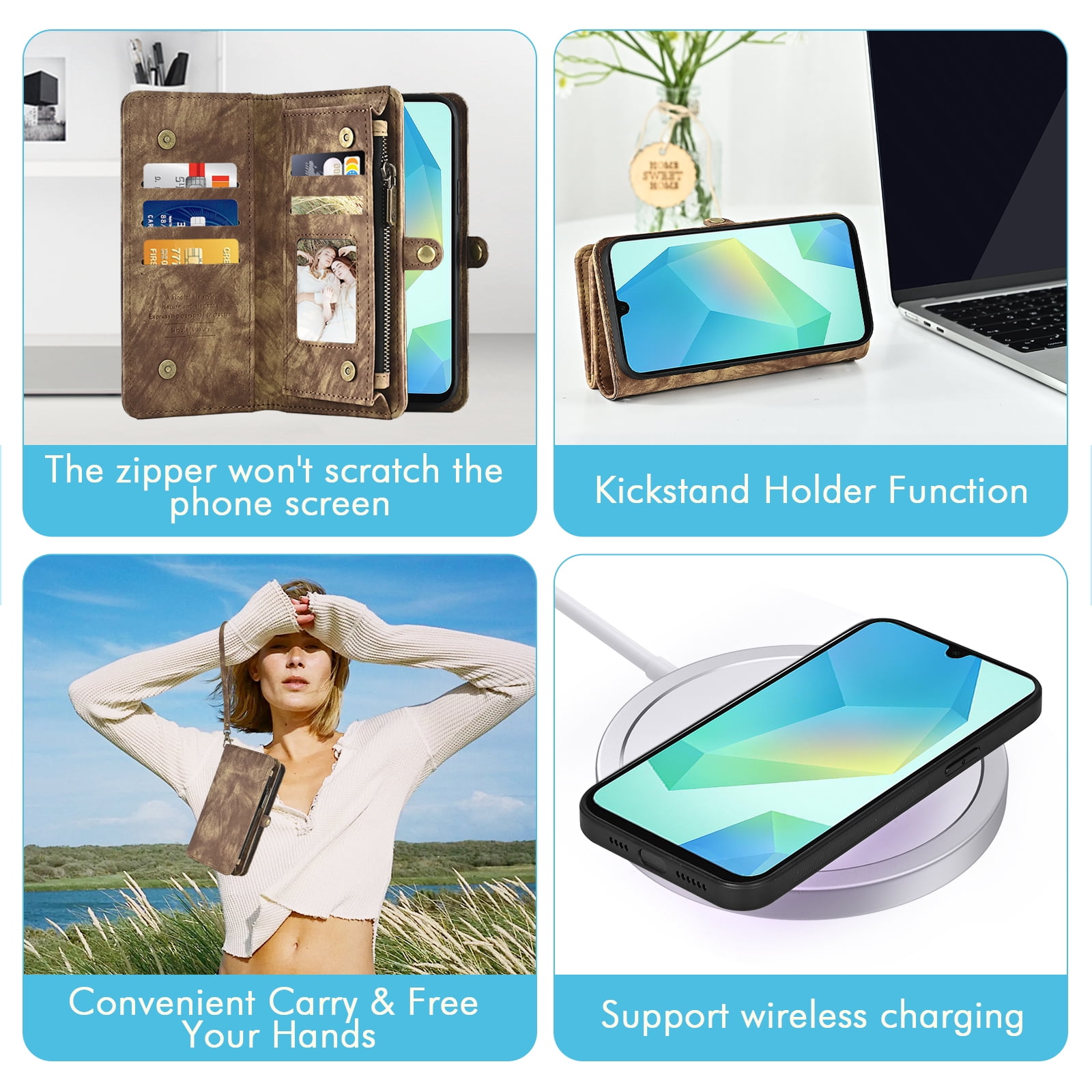 Asuwish Phone Case for Samsung Galaxy A16 5G/4G Zipper Wallet Detachable Cell Cover with Tempered Glass Screen Protector Crossbody Lanyard Strap Flip Card Holder A 16 16A SM-A166U Women Girls Brown