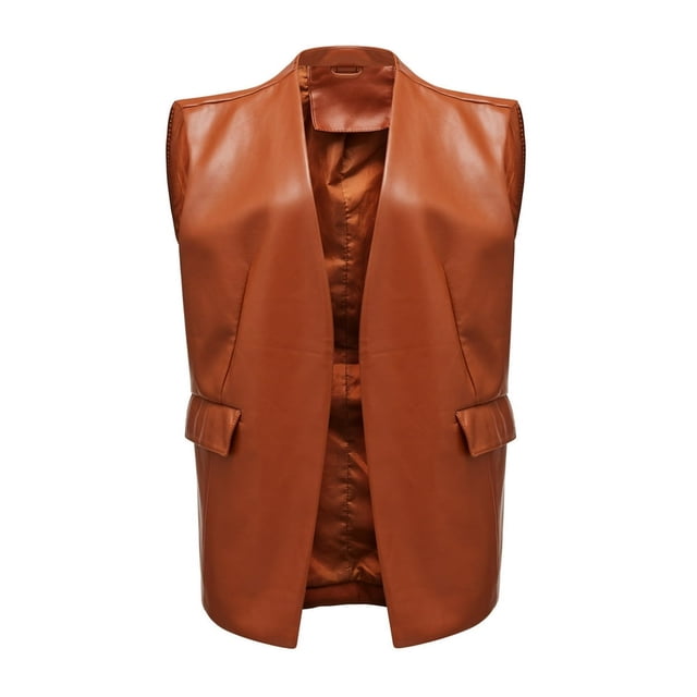Gilet en Faux Cuir pour Femmes Long Col Sans Manches Drapé Ouvert Cardigan en PU