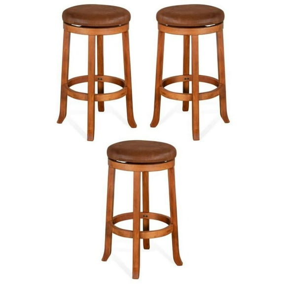 Home Square 30" Mahogany Wood Backless Swivel Stool in Rustic Oak - Set of 3