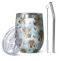 12oz Stemless Wine Tumblers Blue Highland Cow Flower Butterfly Pattern Vacuum Insulated Stainless Steel Travel Tumbler Cups Mug with Lid and Straw for Champaign,Cocktail,Beer with Cleaning Brush