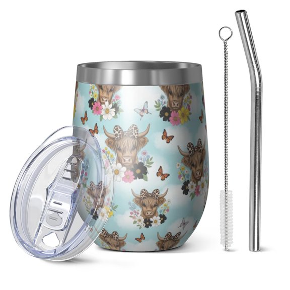 12oz Stemless Wine Tumblers Blue Highland Cow Flower Butterfly Pattern Vacuum Insulated Stainless Steel Travel Tumbler Cups Mug with Lid and Straw for Champaign,Cocktail,Beer with Cleaning Brush