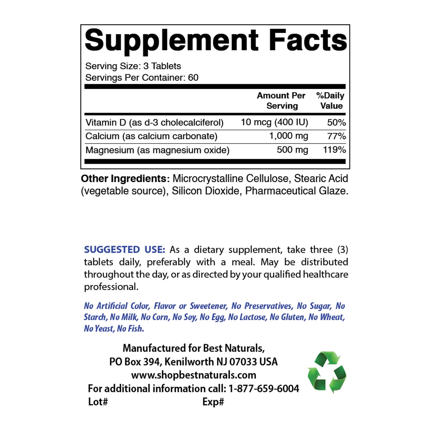 3 Pack Best Naturals Calcium Magnesium with Vitamin D3 1500mg 180 Tablets