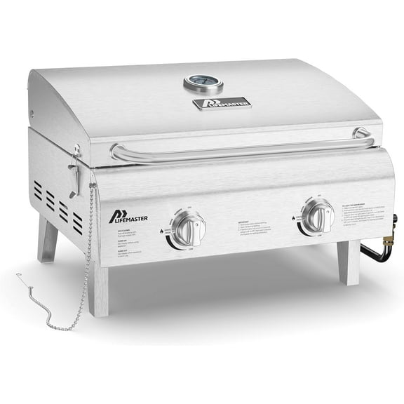 ZHIBO Portable Gas Grill, 2-Burner Tabletop, Stainless Steel, Foldable Legs, Windproof Lid, Silver