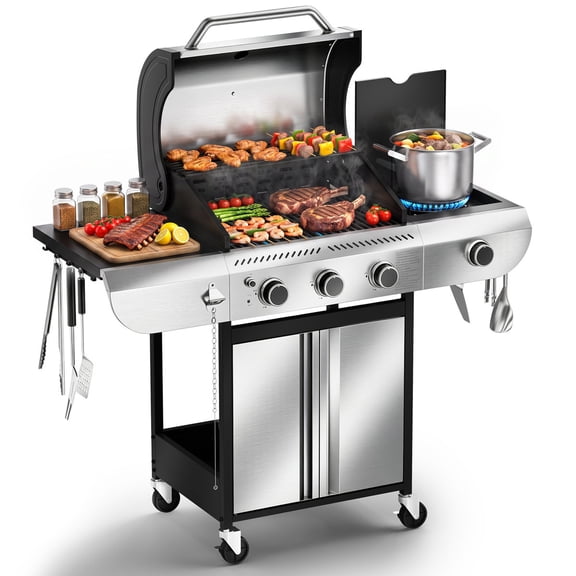 KNDKO 3-Burner Propane Gas Grill with Side Burner, 34,000 BTU, 304 Stainless Steel, 373 Sq In Cooking, Lid Thermometer, Easy Assembly, Outdoor BBQ